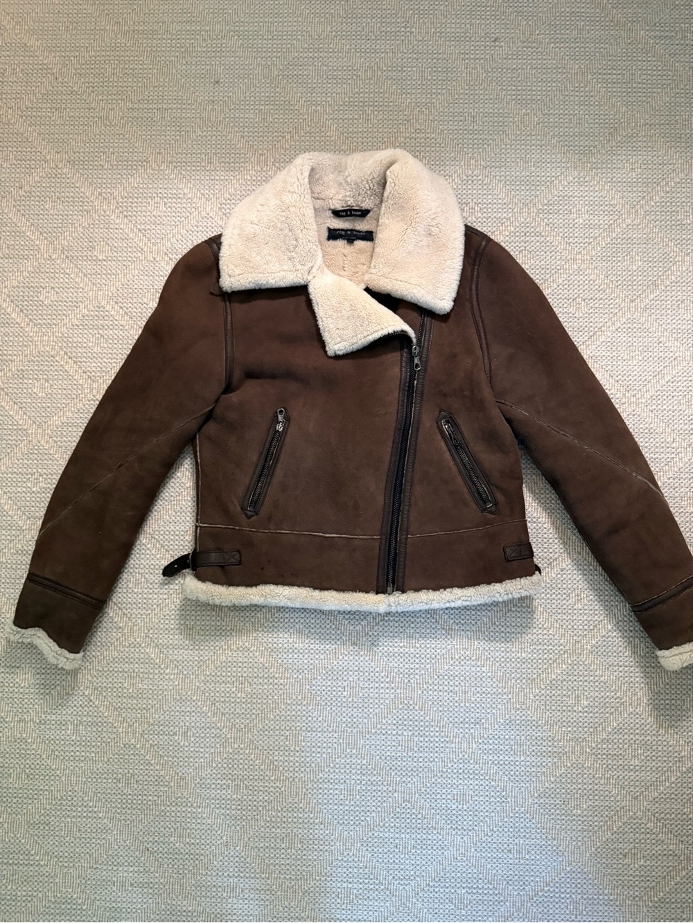 rag & bone Brown Shearling-Lined Leather Aviator Jacket with Cream Collar